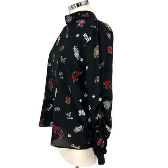 Zara High Neck Z1975 Floral Nature Animal Print Blouse Black Size Medium - Picture 6 of 11